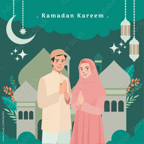 Muslim man and woman greetings for Ramadan and Eid