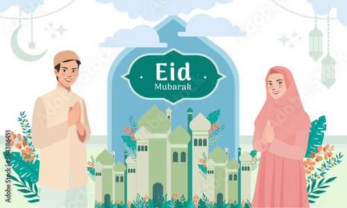 Muslim man and woman characters greetings for Ramadan and Eid Islamic celebration