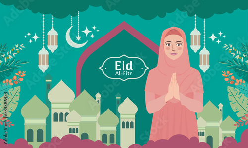 Muslim woman character greetings for Ramadan and Eid Islamic celebration