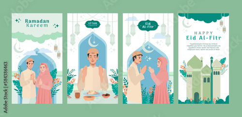 Muslim man and woman greetings for Ramadan and Eid Islamic celebration