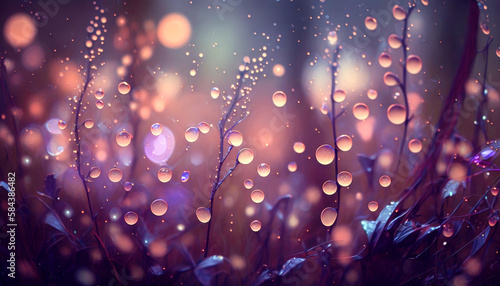 Abstract purple background with bokeh lights in the background. Close up of water drops in nature. Generative AI