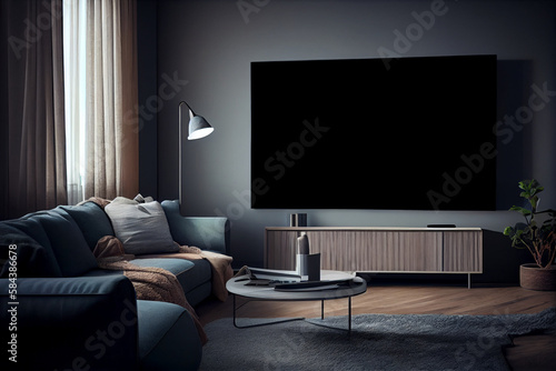 Modern wide screen TV on white wall in room with stylish furniture  AI Generated