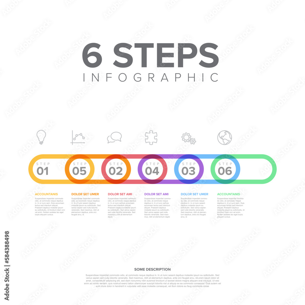 Vector horizontal pastel thick line progress six steps template on light background Vector horizontal pastel thick line progress six steps template on light background