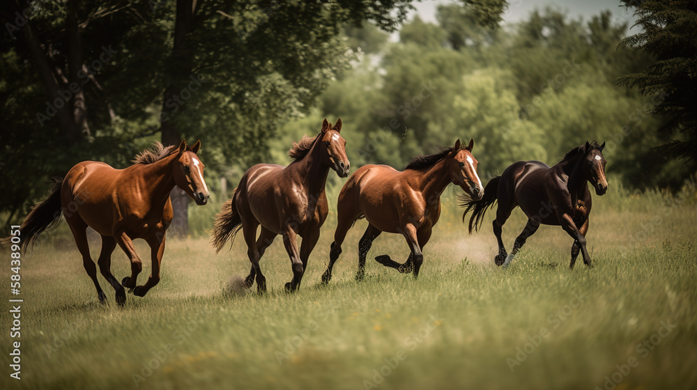 Wild and Free - A Majestic Generative AI Art of Brown Horses Galloping on a Meadow Wild and Free - A Majestic Generative AI Art of Brown Horses Galloping on a Meadow