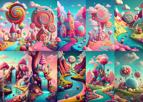 Set of colorful dreamlike candy lands with sweet rivers and white clouds