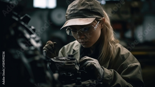 Female worker in a modern factory. machine maintenance. generative AI 