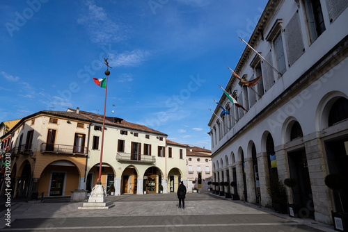 Piove di Sacco, Veneto, Italy - Feb 28th, 2023: View of Giacomo Matteotti Square and City Hall (Palazzo Jappelli); Piove di Sacco, Veneto, Italy