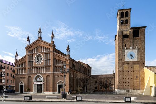 View of Cathedral of Piove di Sacco and Carrarese Tower; Piove di Sacco, Veneto, Italy  photo