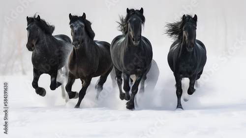 Running Quartet - A Stunning Shot of 4 Horses Charging Towards the Camera, Generative AI