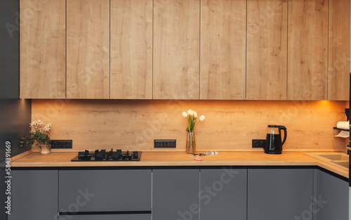 Modern kitchen with wooden cabinet and worktop, oven, sink and fridge