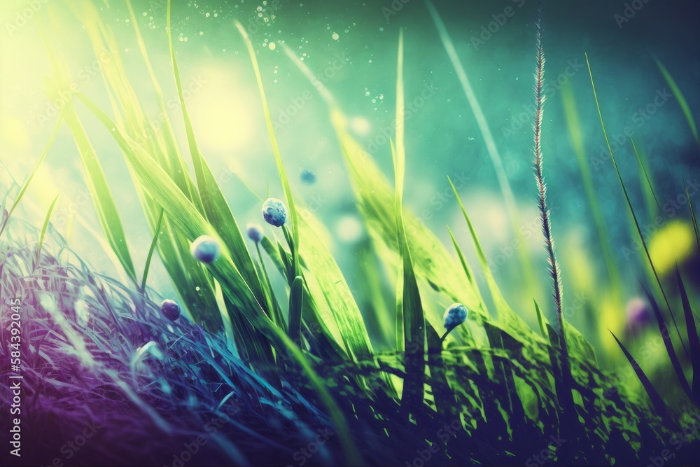 A close up of some grass with the sun in the background, generative ai