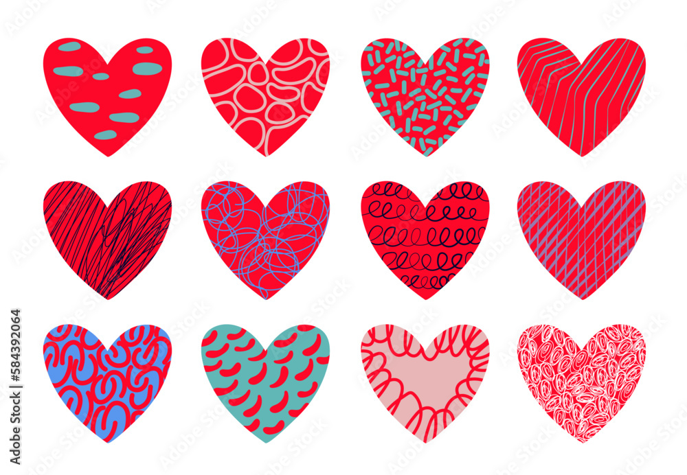 Set of different vector hearts.
Romantic abstract symbol for Valentine's Day. With modern pattern and bright paint texture. Collection of collage drawing style figures. Set of different vector hearts.
Romantic abstract symbol for Valentine's Day. With modern pattern and bright paint texture. Collection of collage drawing style figures.