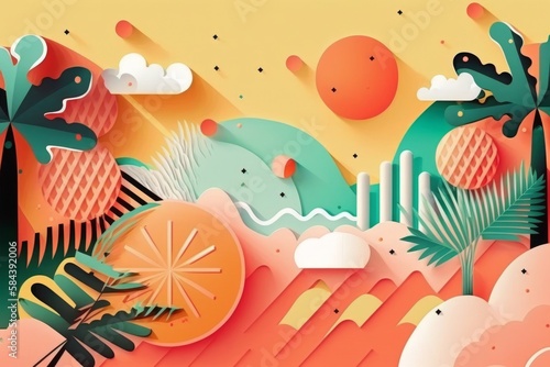 Photo of a stunning colorful landscape with palm trees and fluffy clouds for summer banner, generative ai © pham