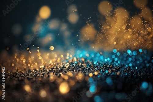 abstract background with Dark blue and gold particle. Christmas Golden light shine particles bokeh on navy blue background. Gold foil texture. Holiday concept, generative ai