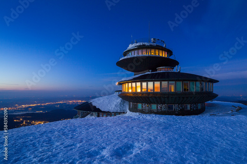 Observatory in Śnieżka at dusk. Giant Mountains, Poland.
