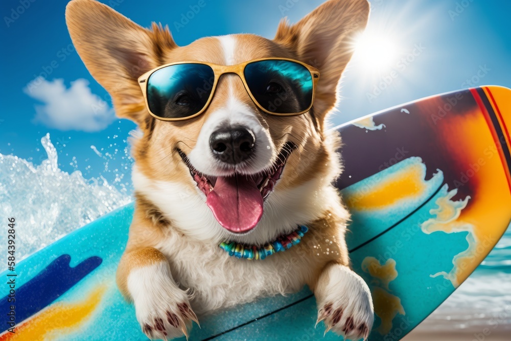 happy cute dog wearing Hawaii shirt on the surf board, generative ai