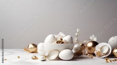 Happy Easter Luxury background with golden and white eggs. Empty advertising place. Generative AI