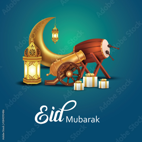 Eid Mubarak and Ramadan Kareem greetings. golden lantern hanging and half moon golden background .vector illustration design