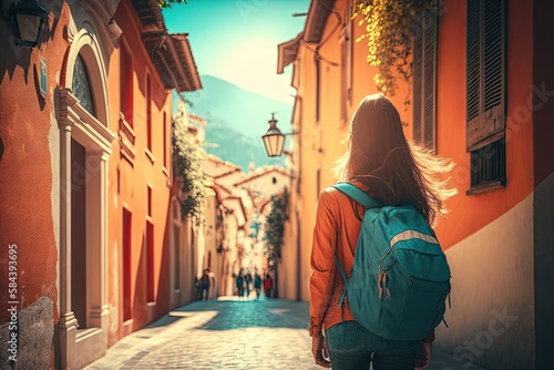 Cool backpacker walking in a colorful street. Holidays concept. Generative AI