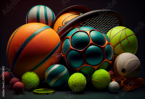 Beautiful abstract surreal geometric Sports equipment (balls, nets, etc.) concept, contemporary colors and mood social background. Generative AI technology. 