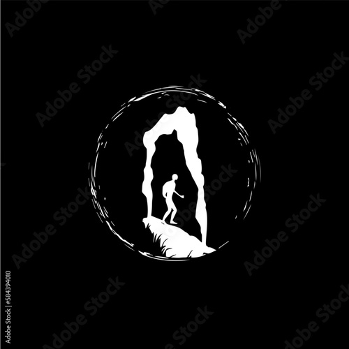 Speleologist figure in cave silhouette logo template, caveman icon, extreme sport challenge, speleologist label, risk rock expedition symbol. Vector illustration.