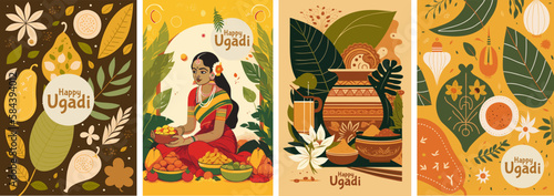 Happy Ugadi. Illustration of traditional festival holiday background for the New Year's Day for the states of Andhra Pradesh, Telangana, and Karnataka in India
