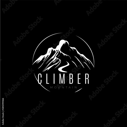Mountain silhouette logo template, climb icon, extreme sport challenge, hiker label, risk rock expedition symbol. Vector illustration.