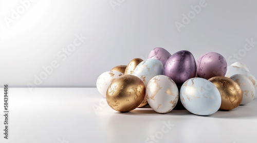 Luxury easter background with purple,white and golden eggs. Empty advertising place. Generative AI