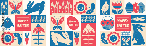 Set of Happy Easter or spring themed motifs poster in Modern geometric abstract style. For Holiday covers, posters, banners, greeting card. Cute bunny, chick, egg, flowers in bright colours