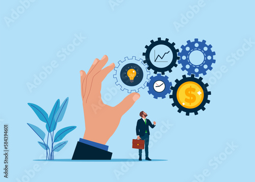 Business people with gear system move. Optimize cost and expense for better profit strategy. Modern vector illustration in flat style