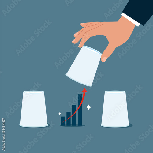 Businessman pointing to a cup open it to reveal diagram profit. Gambling risk. Flat vector illustration