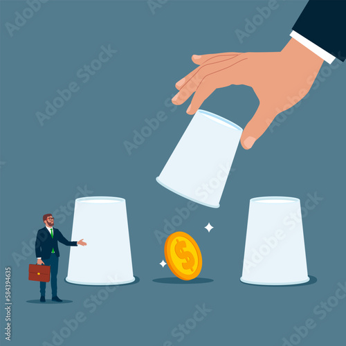 Businessman pointing to a cup, open it to reveal money coin profit. Gambling risk. Modern vector illustration in flat style