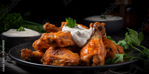 A plate of spicy chicken wings with ranch sauce generated by AI