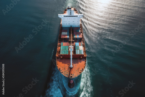 Container cargo freight ship in the ocean, aerial view. Generative AI
