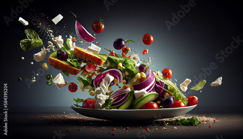 flying salad isolated on background. Greek salad: red tomatoes, pepper, cheese, lettuce, cucumber and olives, AI Generated