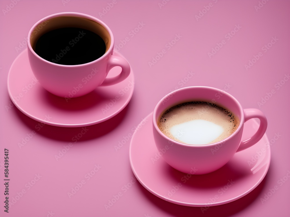 Pink cups of coffe on the pink background Pink cups of coffe on the pink background