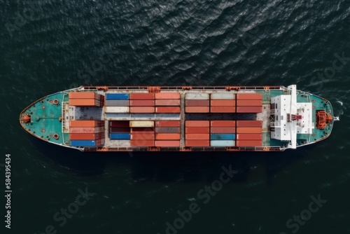 Container cargo freight ship in the ocean, top view. Generative AI