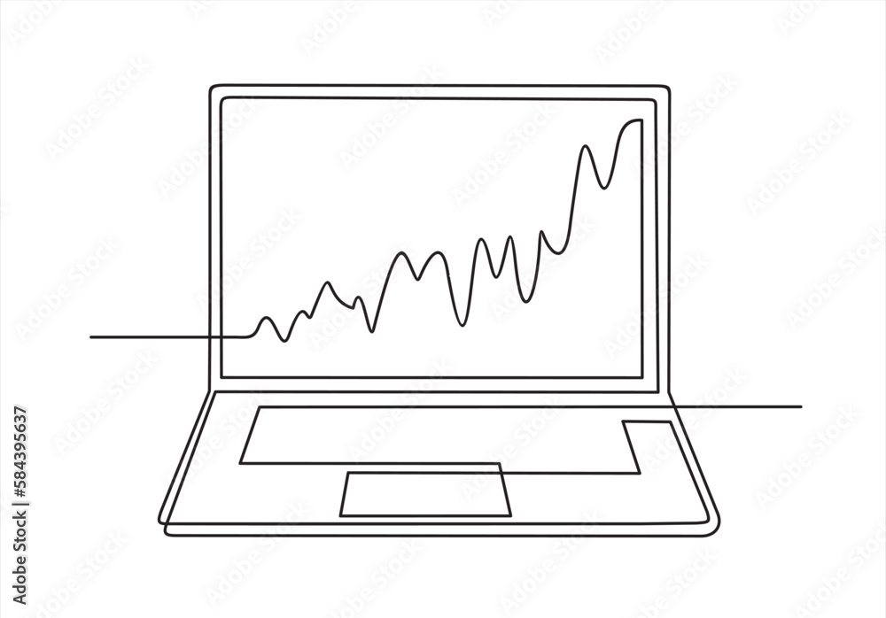 Graph growth indicators on laptop screen in one continuous line hand drawn art minimalism style. The concept is the growth of stock finance isolated on white background. Vector illustration Graph growth indicators on laptop screen in one continuous line hand drawn art minimalism style. The concept is the growth of stock finance isolated on white background. Vector illustration