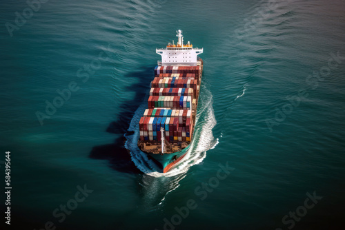 Container cargo freight ship in the ocean, aerial view. Generative AI