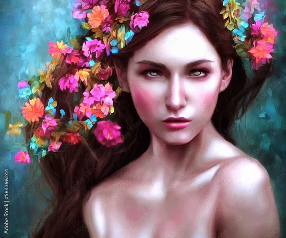 Illustration of beautiful woman with flowers in hair portrait painting on paper canvas. Generative AI