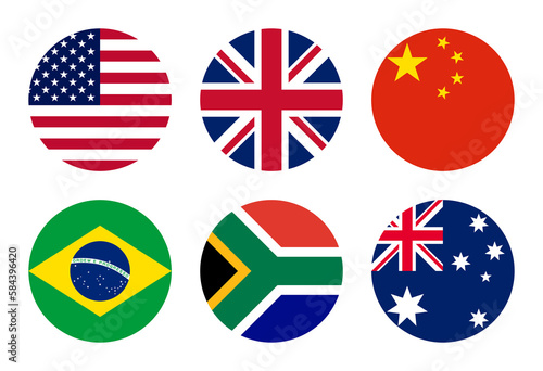 round icon set. flag of united states, united kingdom, china, brazil, south africa and australia. transparent png background