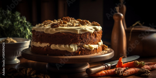 A carrot cake with cream cheese frosting generated by AI