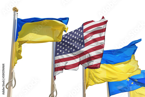 Ukraine Ukrainian flag US USA EU European Union flags on poles in PNG isolated on transparent background photo
