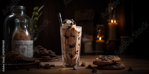 A chocolate milkshake with whipped cream and cookie chunks generated by AI photo