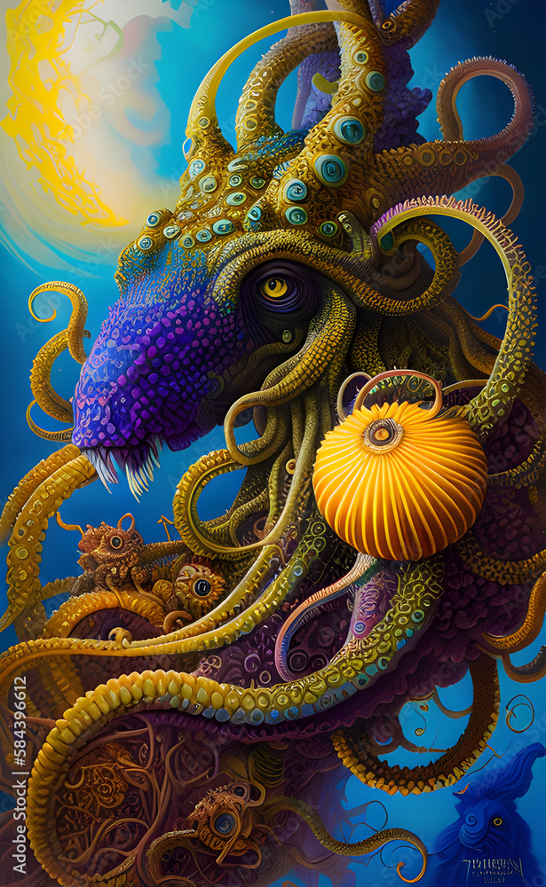 Fototapeta premium An ancient water dragon, monster of the ocean, dragon of the ocean, yellow dragon with tentacles, tentacles