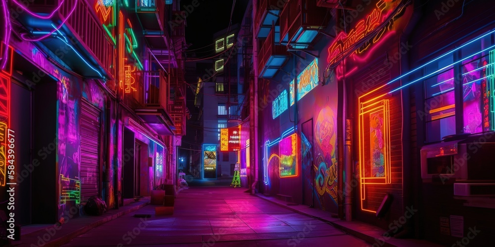 Generative AI, Night scene of after rain city in cyberpunk style,  futuristic nostalgic 80s, 90s. Neon lights vibrant colors, photorealistic  vertical illustration. 28891087 Stock Photo at Vecteezy