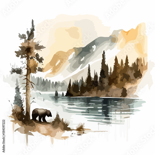 WATER COLOR BEAR IN NATURE WITH LAKE AND MOUNTAIN ALASKA SNOW