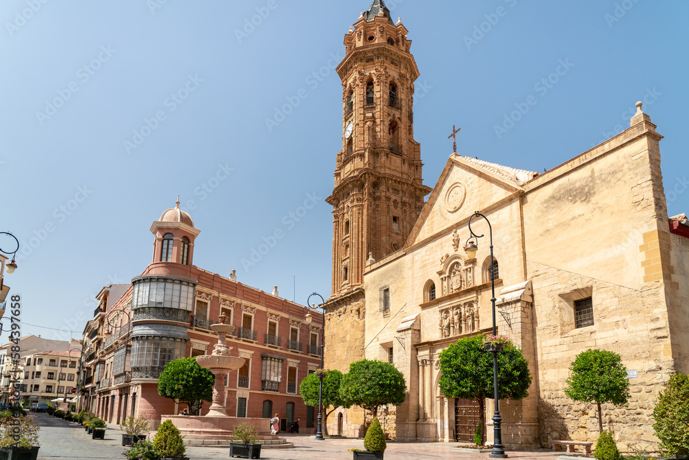 Antequare, SPAIN: June 14 2022:  Panoramic view of San Sebastian Square with the old church 
