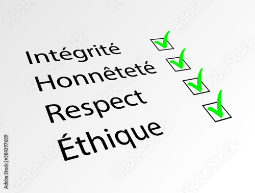 INTEGRITE HONNETETE RESPECT ETHIQUE concept avec coches