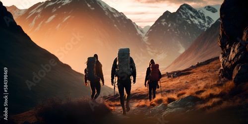 Group tourists of hiker sporty people walks in mountains at sunset with backpacks. Concept banner adventure with copy space. Generation AI © Adin